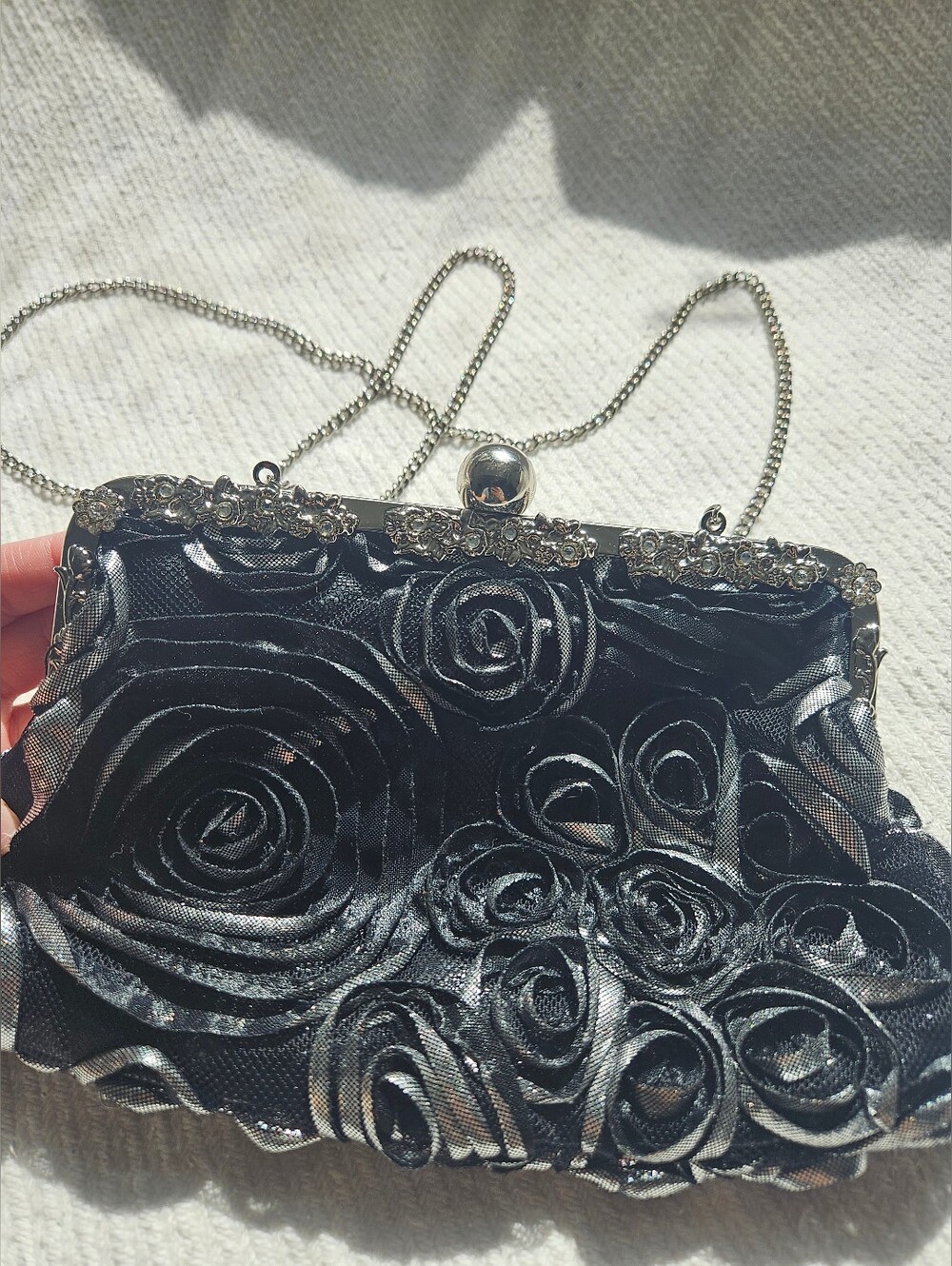 Elegant Black Floral Satin Evening Clutch with Chain